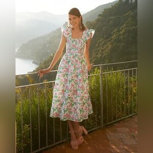 Hill House Home Ellie Nap Dress Pink Roses Poplin White Floral Linen Large